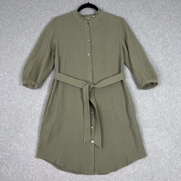 Soft Surroundings Dresses & Skirts - Soft Surroundings Sage Green Cotton Gauze Belted Button Up Dress Pockets Size XS
